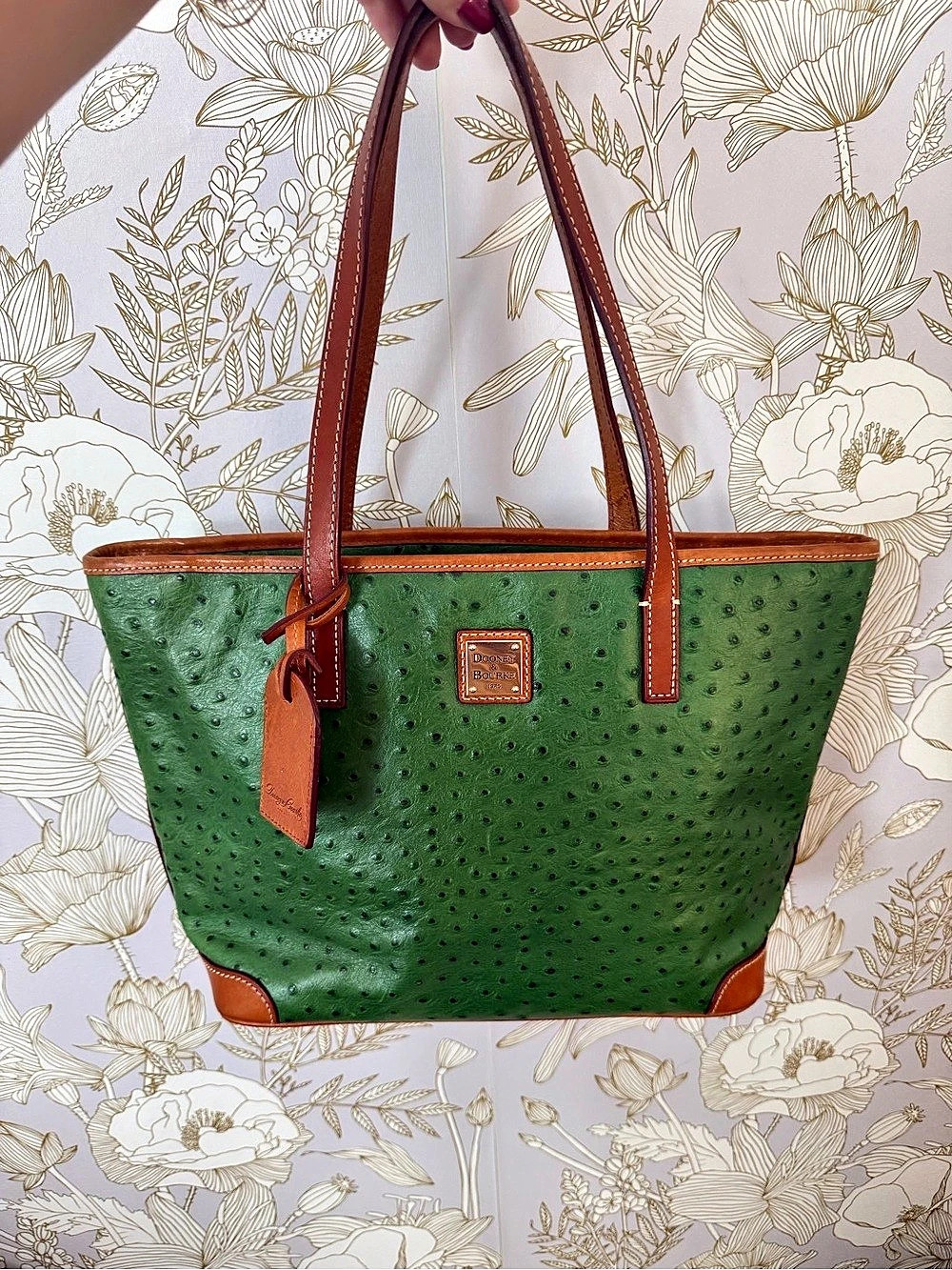Vintage Dooney & Bourke Ostrich Shopper Tote Green & Brown